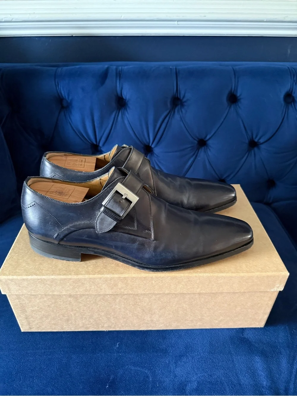 Magnanni Navy Leather Single Monk Strap Shoes